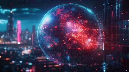 Close-up of a holographic globe with glowing network connections, representing worldwide internet access, global trade, and digital transformation, futuristic technology concept on cityscape backgroun