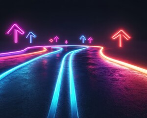 A neon roadmap with directional arrows leading to business growth and innovation
