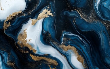 Blue and white fluid painting with golden glitter accents creating an elegant contemporary design with shimmering swirls and smooth textures