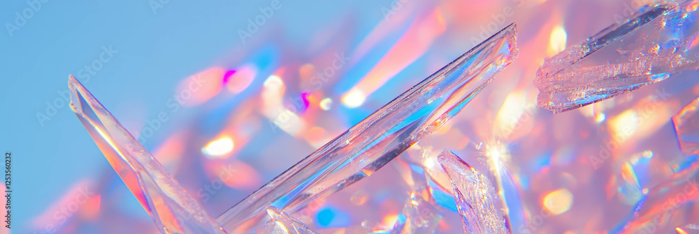 Poster Intricate patterns of abstract ice crystals reflecting light in a bright background