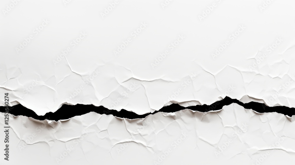 Poster torn paper isolated on a white background with a black crevice revealing textured layers and depth f
