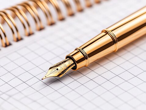 A close-up image of a golden fountain pen resting on a lined notebook, capturing an elegant writing instrument ready for creativity.