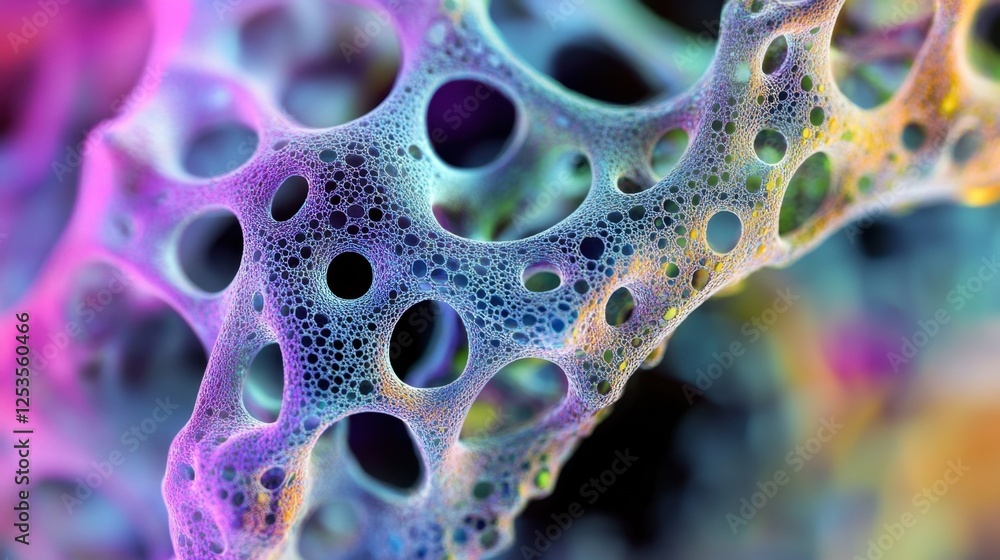 Poster colorful, intricate patterns resembling molecular structures, showcasing interconnected networks and
