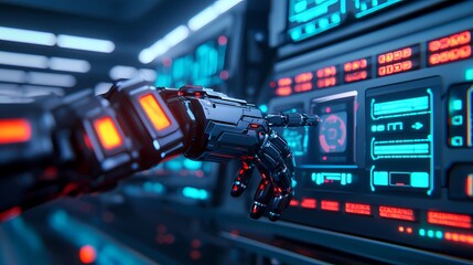 Fototapeta premium A robotic hand interacts with a high-tech control panel, showcasing vibrant neon lights and futuristic technology in a sleek, cybernetic environment.