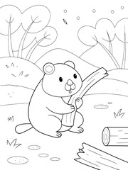 Kids Coloring Concept: Beaver Holding a Log Surrounded by Stumps and Trees, Wildlife Illustration, Nature Scene with Forest Background, Children’s Artistic Expression and Fun Educational Activities.