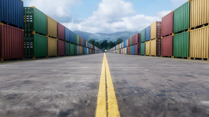 Shipping containers road, mountains background, logistics, transportation