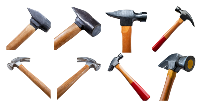 Various Hammers on White Background for Construction and Repair Use, isolated on transparent background