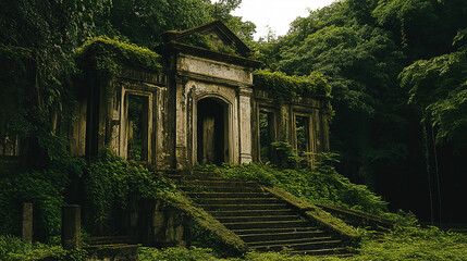 ancient temple ruins covered in lush greenery