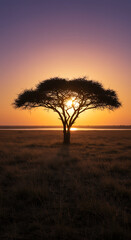 Fototapeta premium Savannah Sunset: Majestic Tree Silhouette Against Golden Horizon | African Landscape Serenity