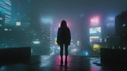 futuristic city skyline with neon lights, cyberpunk aesthetic, rain-soaked streets, atmospheric lighting