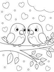 Valentine’s Day coloring page with two cartoon birds on a tree branch, surrounded by hearts and dots, perfect for expressing love and happiness, creating a romantic and joyful atmosphere for kids to c