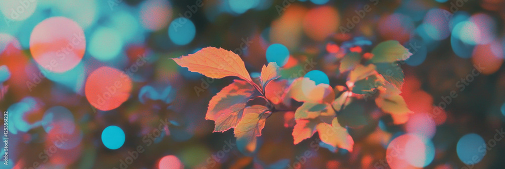 Poster Vibrant autumn leaves create colorful bokeh against a soft grayscale background