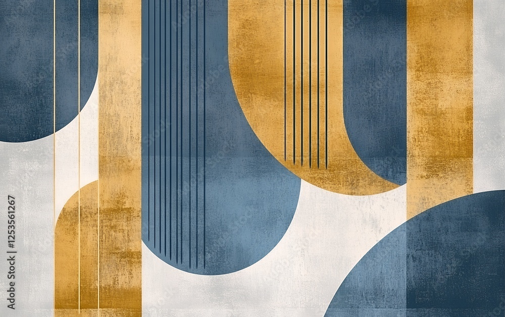 Poster abstract geometric design with blue, yellow, and white curves and lines creating a modern artistic l
