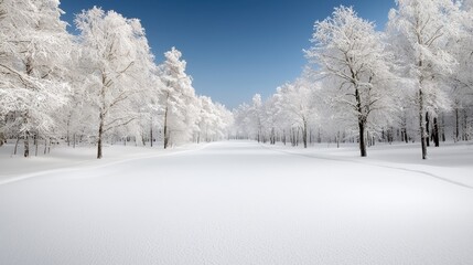 Obraz premium Snow-covered trees line a path in a winter landscape, ideal for winter wonderland themes