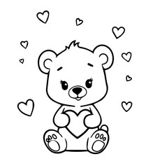 Valentine's Day Friendly Teddy Bear with Heart.Sweet Cartoon Drawing, Love,Romance, Cute,Playful , Printable Coloring Art for Kids, Symbol of Affection, Happiness, and Friendship