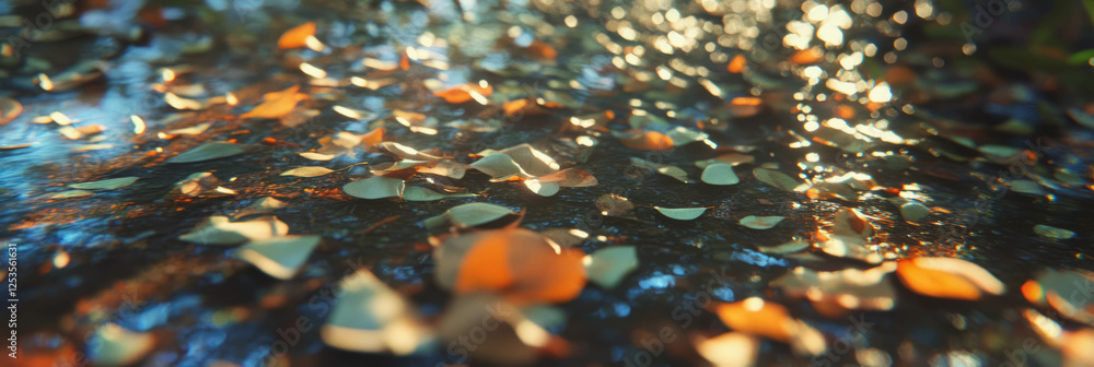Aufkleber blurred forest path illuminated by dappled sunlight and vibrant bokeh highlights