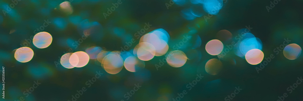 Poster soft bokeh circles create a dreamy blurred forest foliage effect in bright background