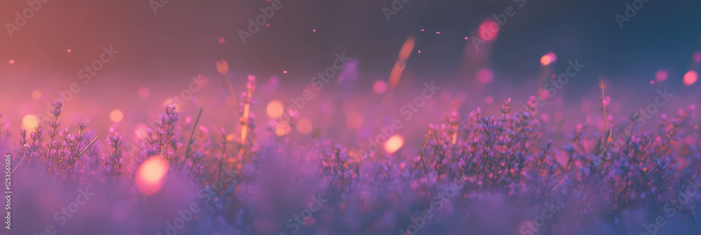 Poster lavender field with dreamy purple bokeh tones creating a serene and bright background