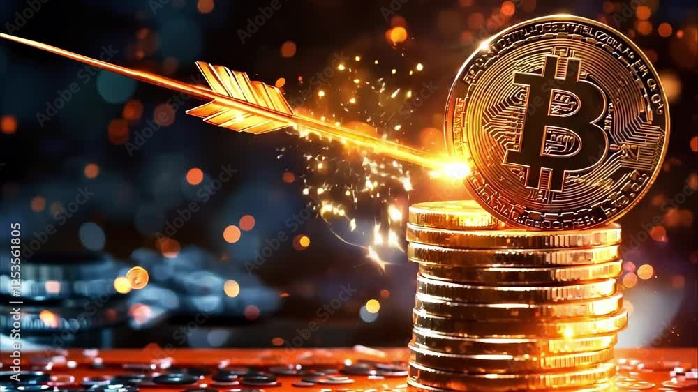 Poster a stack of coins with a bitcoin symbol, illuminated by sparks and an arrow striking the top coin.