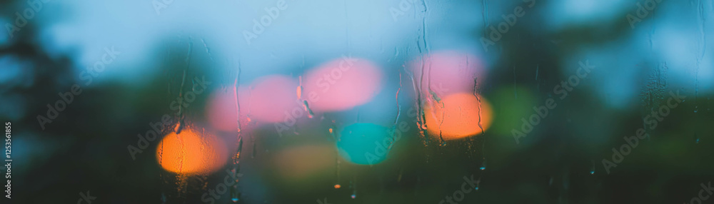 Aufkleber blurry view of a forest through a rainy window with colorful bokeh effects