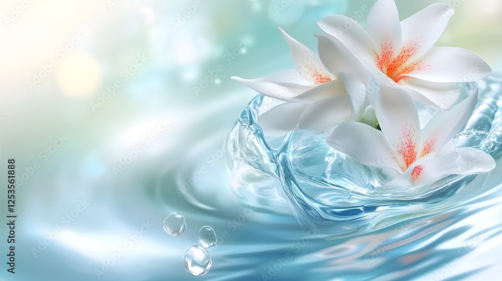 Poster Close up view of two beautiful delicate white lily or lotus flowers floating on a tranquil blue water surface with soft dreamy bokeh effect and gentle ripples  Serene calming