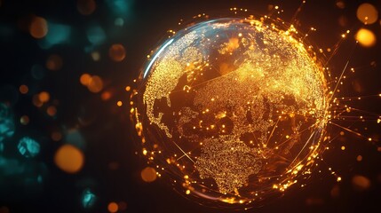 Obraz premium Close-up of a holographic globe with glowing network connections, representing worldwide internet access, global trade, and digital transformation, futuristic technology concept on cityscape backgroun