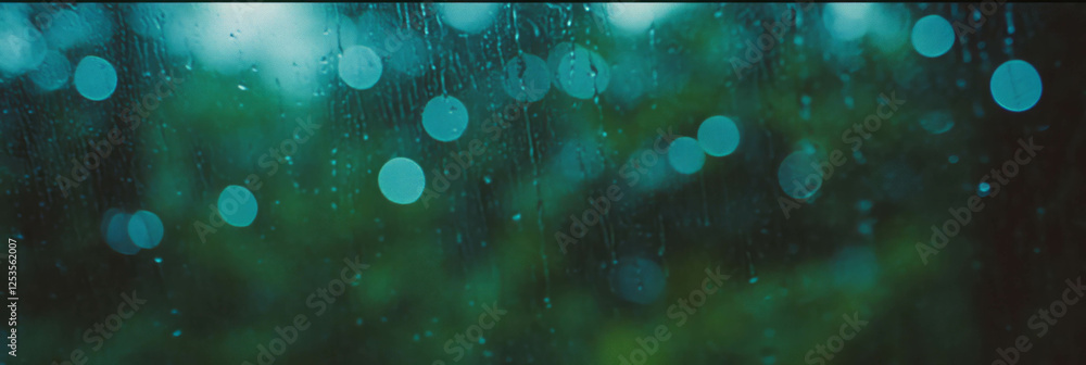 Poster blurred forest view through rain-streaked glass with bright bokeh shapes in the background