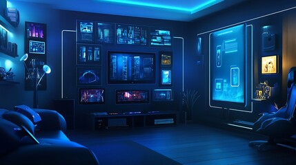 A futuristic blue-lit room with multiple screens displaying various digital interfaces and data visualizations