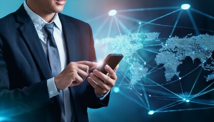 Global Business Technology Connectivity: Man Using Smartphone with International Network & Data Icons Overlay