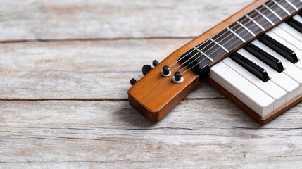Unique Wooden Keyboard-Guitar Hybrid on Wood Background