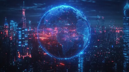 Fototapeta premium Close-up of a holographic globe with glowing network connections, representing worldwide internet access, global trade, and digital transformation, futuristic technology concept on cityscape backgroun