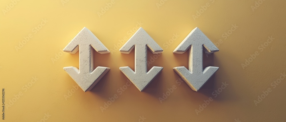 Poster white concrete sign with three arrows pointing in different directions on a yellow background