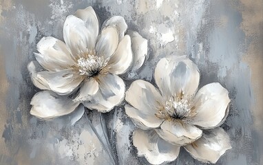Elegant white flowers with subtle gray and beige background in modern artistic style for chic interior and home decoration