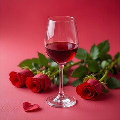 Red roses with empty red wine glass put on red background for Valentines dining concept
