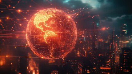 Fototapeta premium Close-up of a holographic globe with glowing network connections, representing worldwide internet access, global trade, and digital transformation, futuristic technology concept on cityscape backgroun
