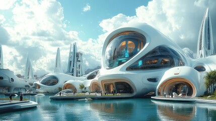 Obraz premium Futuristic architecture featuring organic shapes and waterfront views under a bright sky.