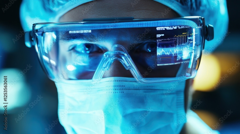Poster close up of a scientist wearing protective gear, examining data on a digital display integrated into