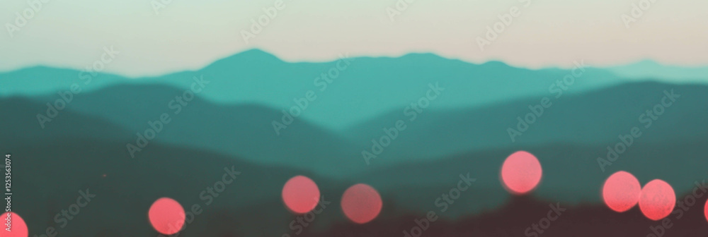 Poster blurred mountain landscape with bokeh lights creating depth and brightness at dusk