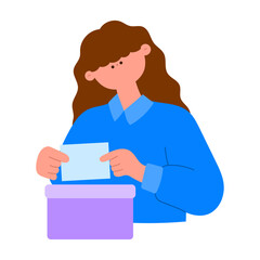 Woman placing a suggestion card in a feedback box at a store or election concept, flat vector illustration
