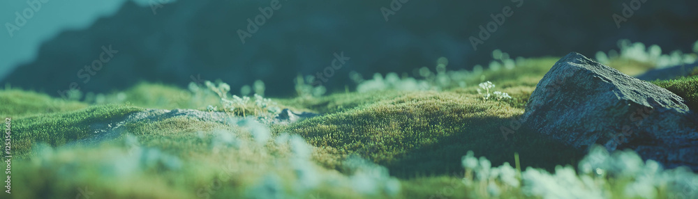 Poster blurred texture of moss growing on rock in soft green and gray tones with bright background