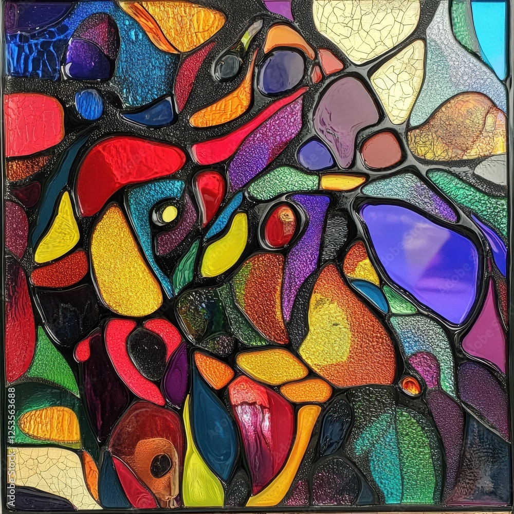 Poster vibrant stained glass art featuring colorful abstract shapes and intricate patterns in a modern desi