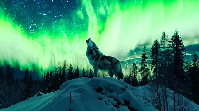 A majestic wolf howling at the moon with vibrant northern lights illuminating the night sky, creating a mystical and wild atmosphere.