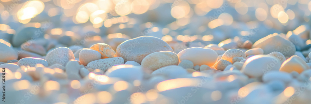 Poster Blurred texture of pebbles on beach creating smooth bokeh with varied circle sizes in sunlight