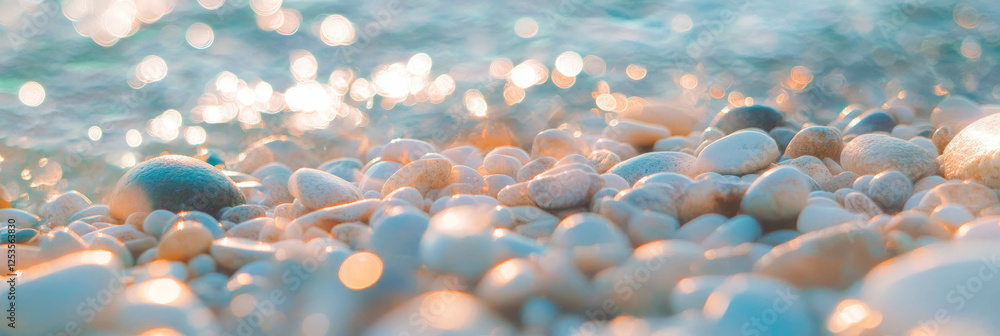 Poster Blurred texture of pebbles on a beach with smooth bokeh circles in bright background