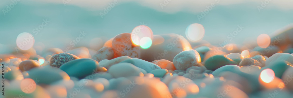 Poster Blurred texture of pebbles on a beach with smooth bokeh circles for a bright background