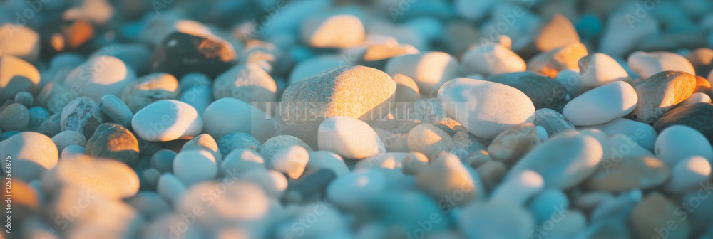 Poster Blurred texture of pebbles on beach creating a soothing bokeh effect