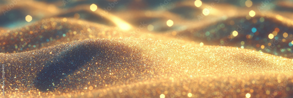 Poster Blurred texture of golden sand with bokeh highlights creating depth and warmth