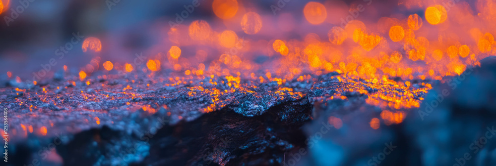Poster Blurred tree bark texture with vibrant bokeh highlights on moss in a soft background