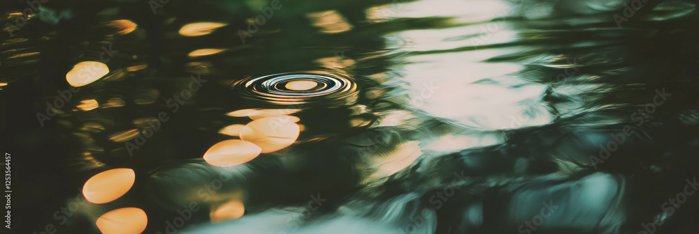 Poster Blurred water surface reflecting trees with dazzling bokeh circles in bright background