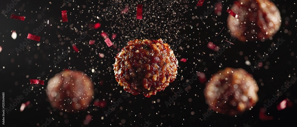 Poster Flying Meatballs Surrounded by Colorful Confetti in a Dynamic Airborne Setting Against a Dark Background